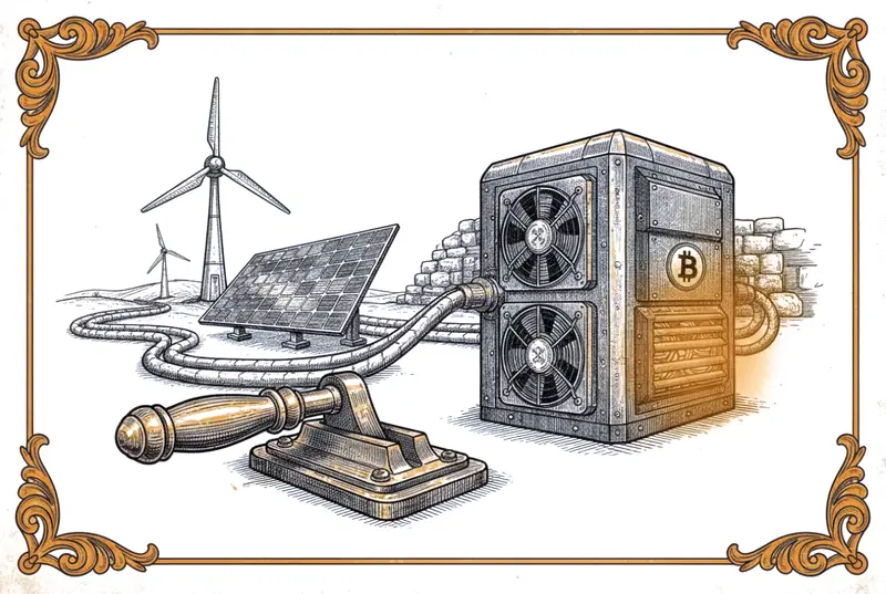 Engraving: a wind turbine and a solar panel connected by thick cables, through a switch lever, to a bitcoin miner glowing orange