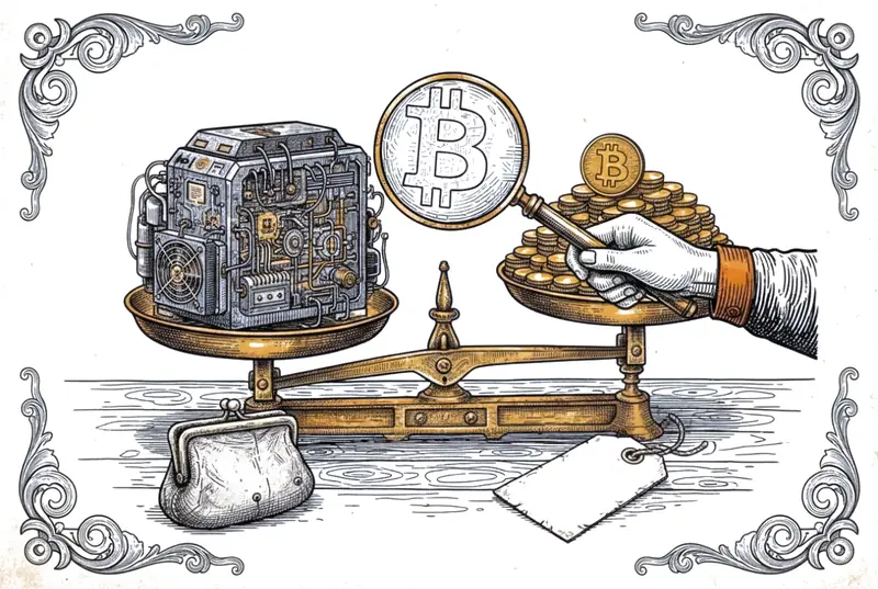 Engraving: a bitcoin miner on one pan of a brass scale, inspected with a magnifying glass next to a pile of coins, a purse and a blank price tag