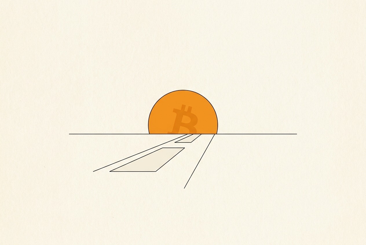 Illustrazione: un sole arancione con il simbolo di Bitcoin che sorge all'orizzonte