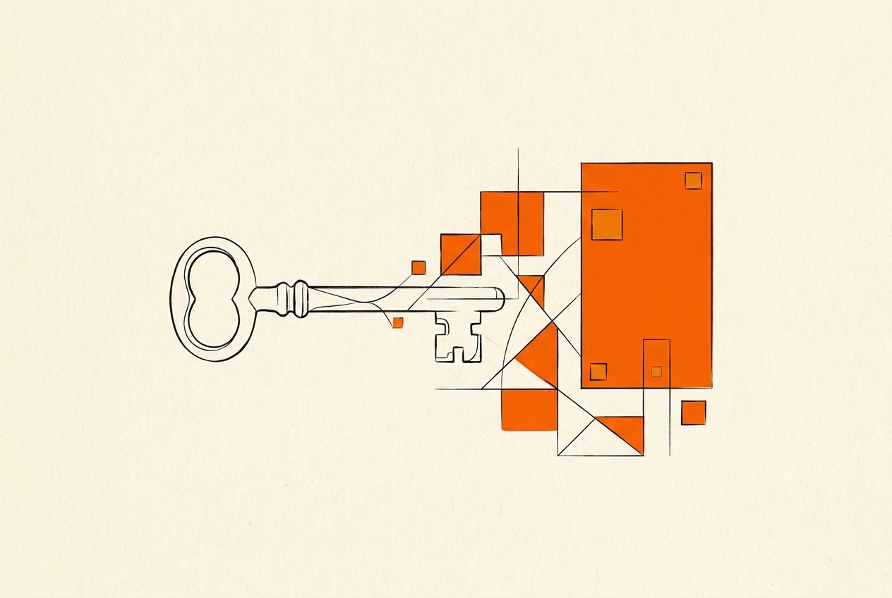 Illustrazione: una vecchia chiave che apre un blocco arancione